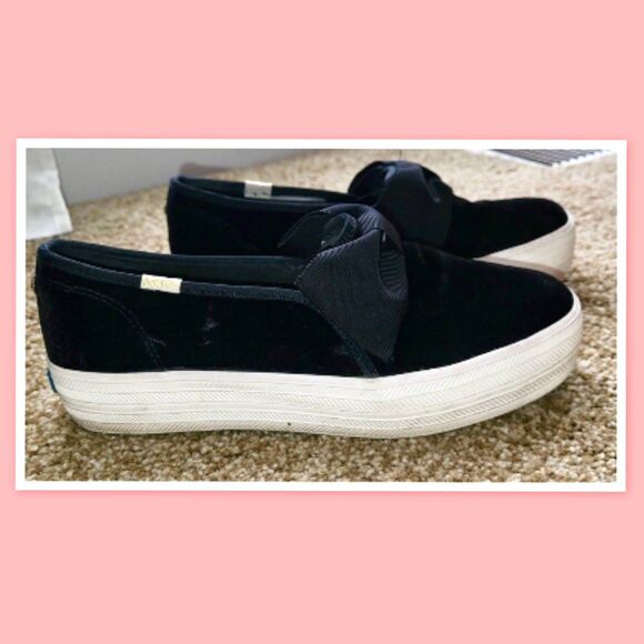 Keds Kate Spade Platform Sneaker, Black Satin Triple Decker Bow Slip On Shoes - Picture 7 of 7
